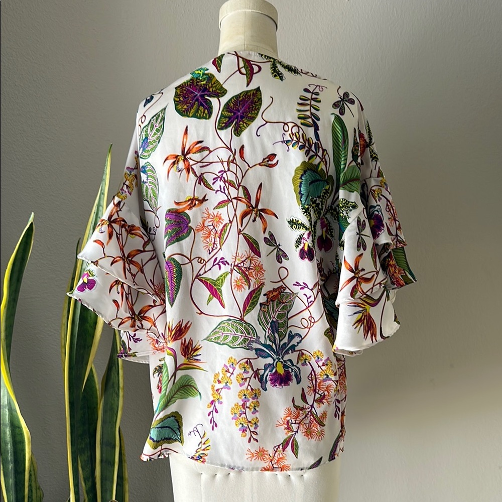 H&M Multi-Colored Flutter Sleeve Blouse with Dragonflies Leaves Flowers  Size 4 - Picture 2 of 8